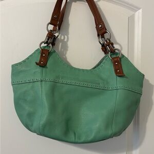 Vintage The Sak Large Teal Leather Purse Brown Leather Shoulder Straps Pristine